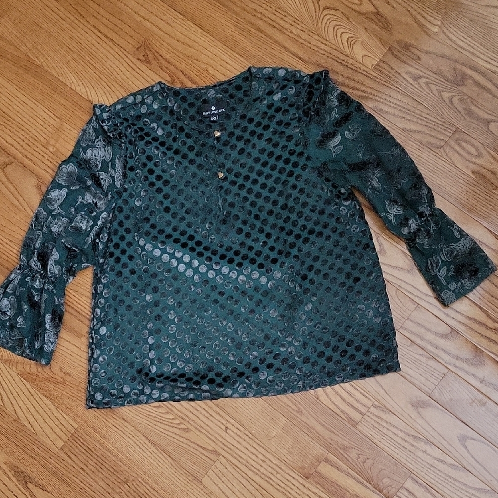 Emily Lovelock. Textured Forest Green Velvet Dot Blouse with Floral Sleeves